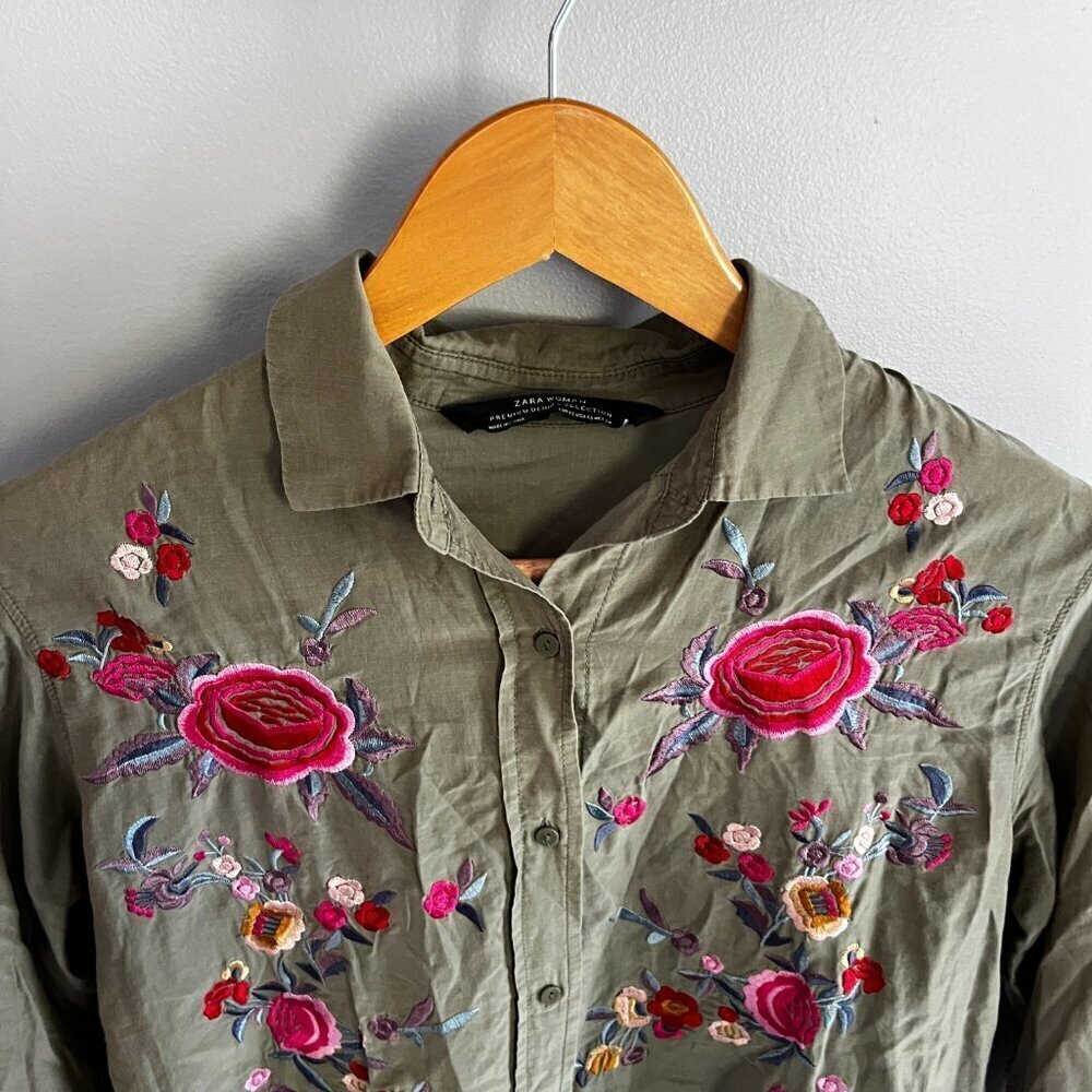 Zara floral embroidered button down shirt Green Size XS boho western festival - Picture 3 of 14